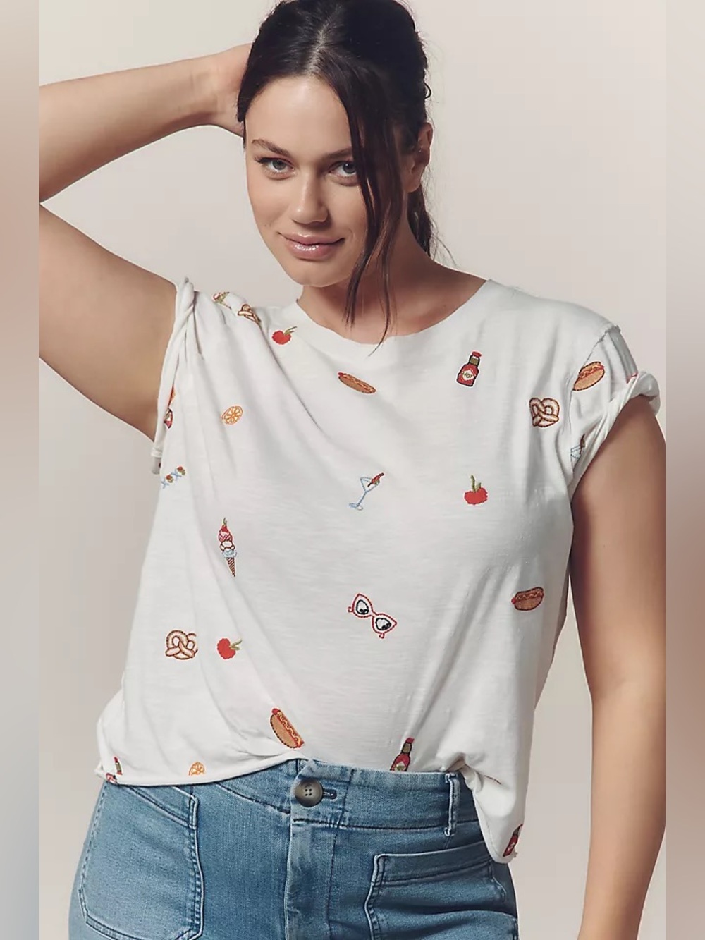 Anthropologie Maeve White Caitlyn Boxy Tee Pretzel Hot Dog Embroidered Snacks